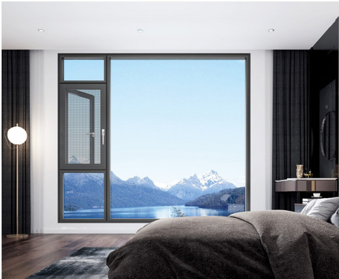 House Double Glazed Mesh Aluminum Swing Window Deep Grey Frame